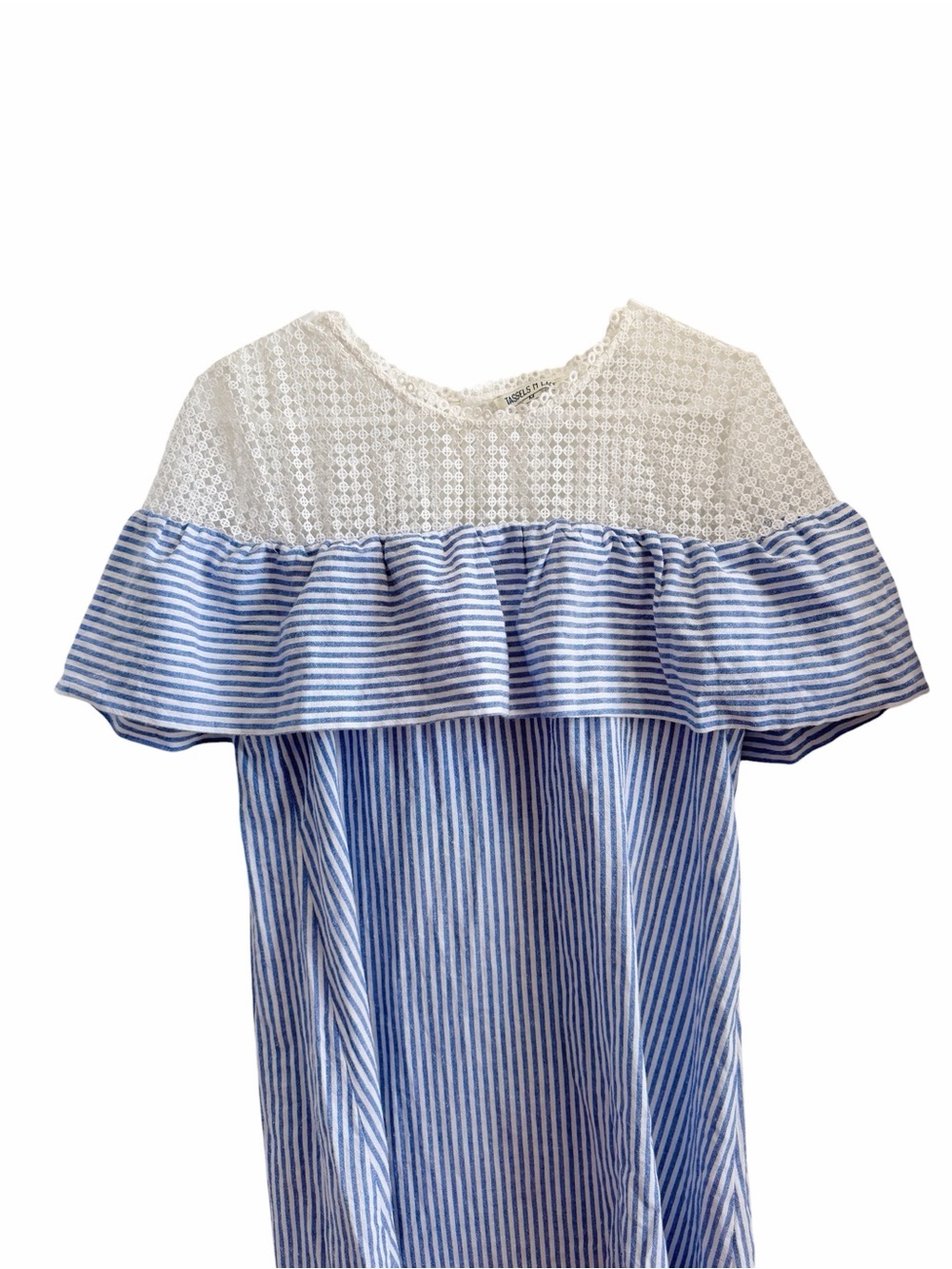 Women’s Blue Striped Off-Shoulder Dress with White Lace Yoke